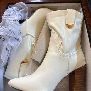 Lulu's Ivory Heeled Boots with Gold Detail